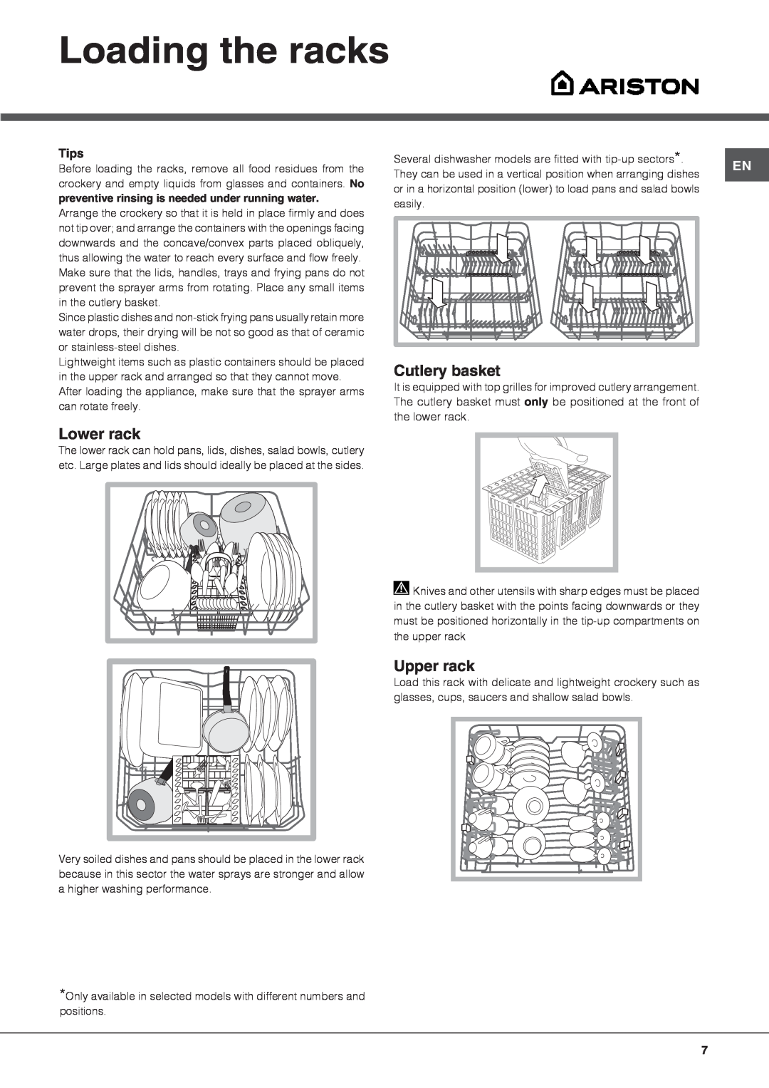 Ariston LFF 8M5 manual Loading the racks, Cutlery basket, Lower rack, Upper rack, Tips 
