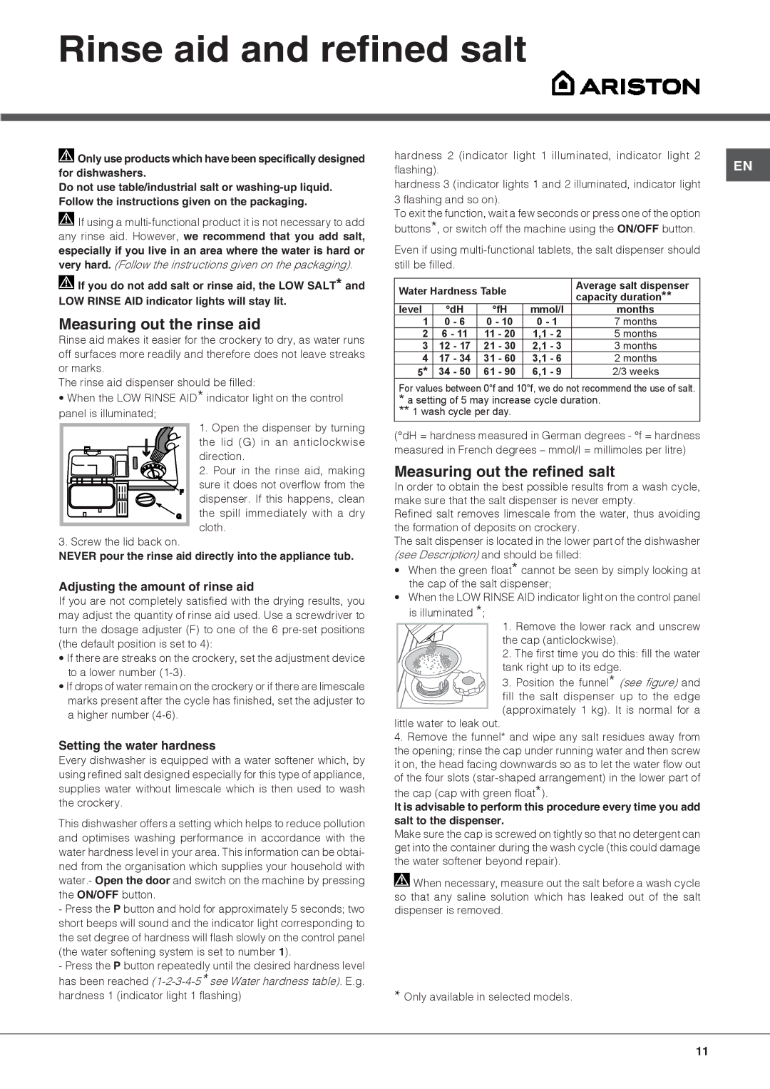 Ariston LFT M16 manual Rinse aid and refined salt, Measuring out the rinse aid, Measuring out the refined salt 