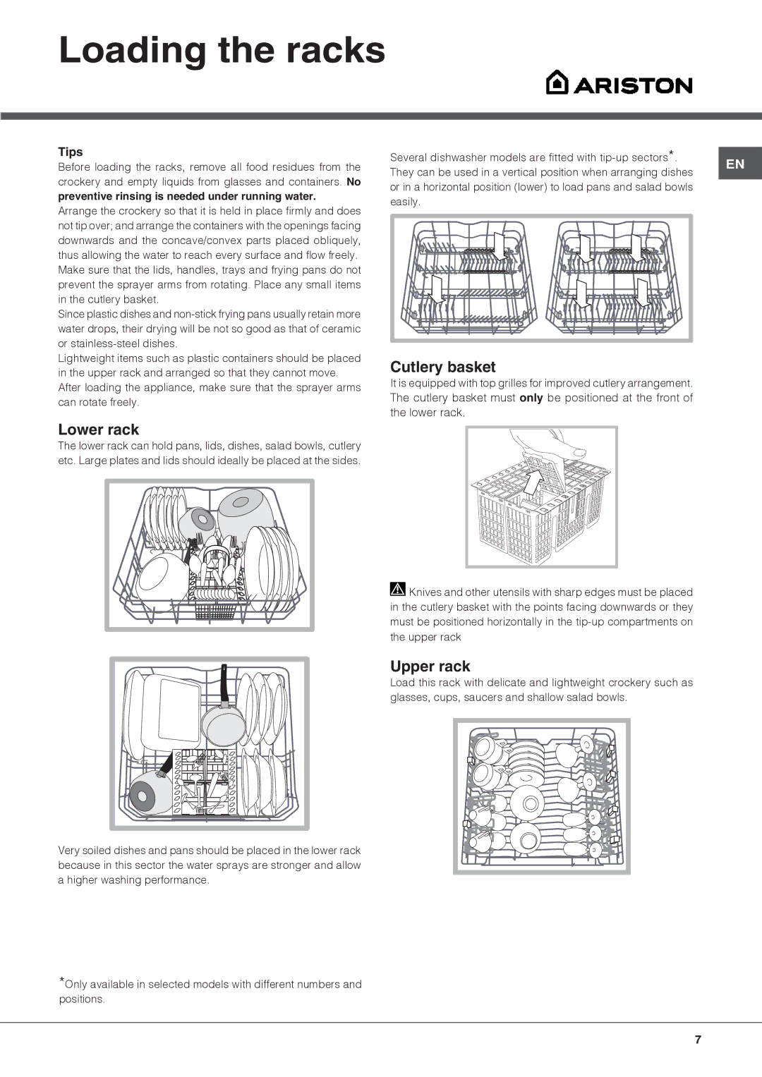 Ariston LFT M16 manual Loading the racks, Cutlery basket, Lower rack, Upper rack, Tips 