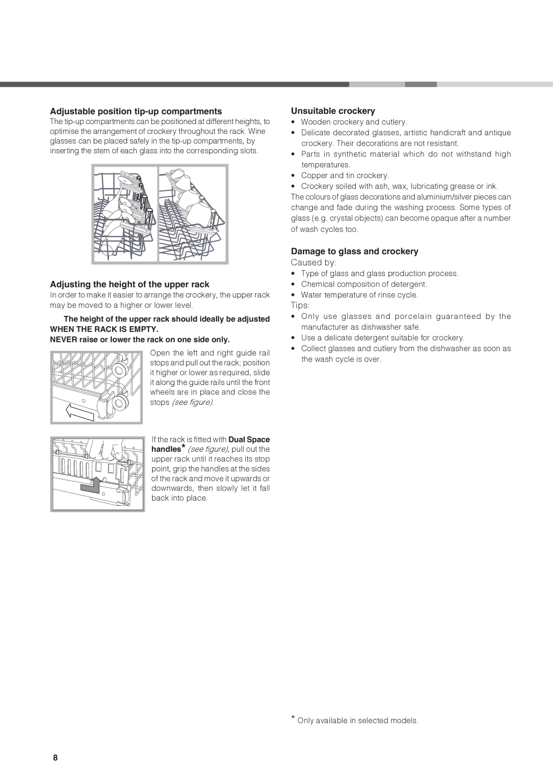 Ariston LFT M16 manual Adjustable position tip-up compartments, Adjusting the height of the upper rack, Unsuitable crockery 