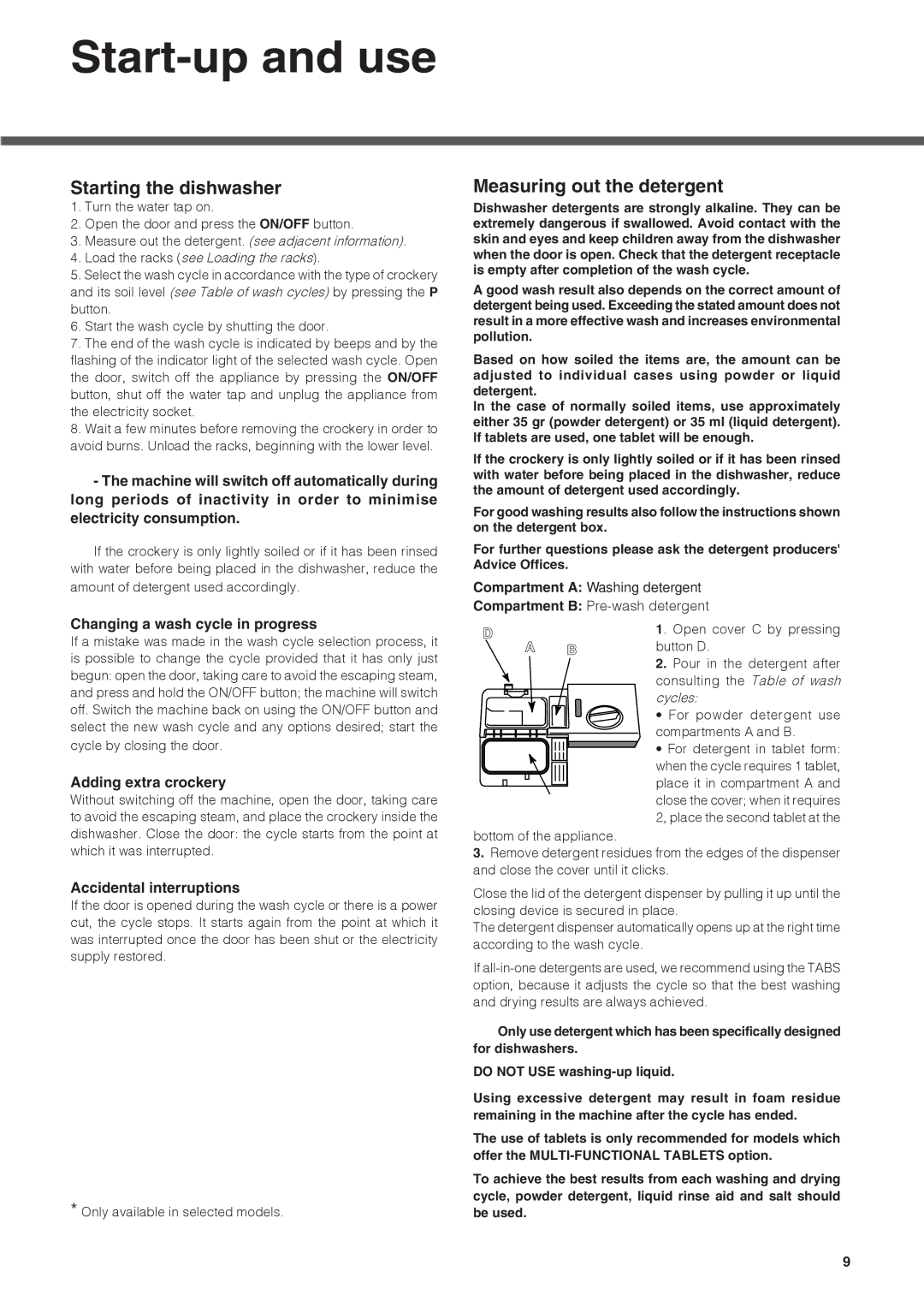 Ariston LFT M16 manual Start-up and use, Starting the dishwasher, Measuring out the detergent 