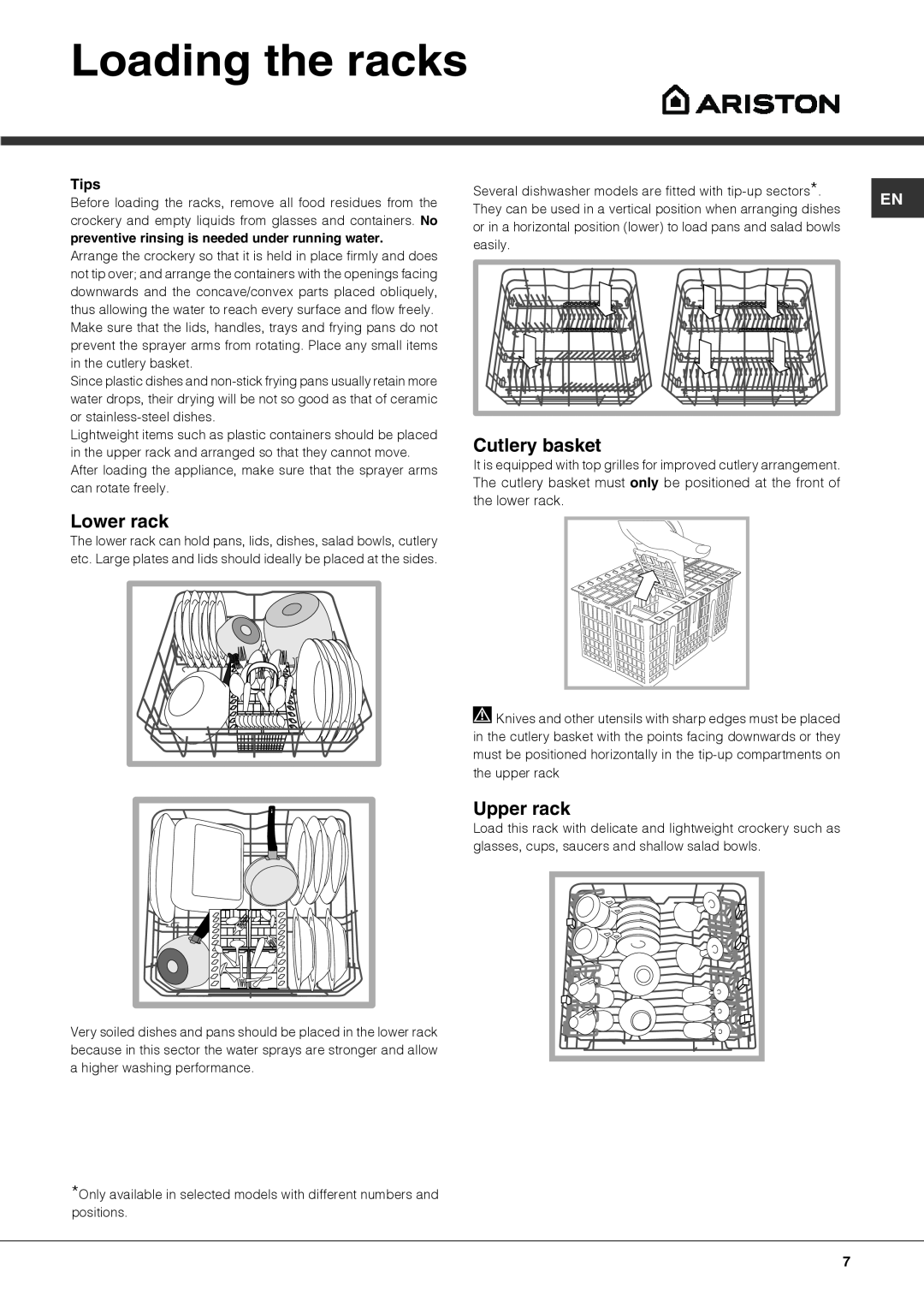 Ariston LFT M16 manual Loading the racks, Cutlery basket, Lower rack, Upper rack, Tips 