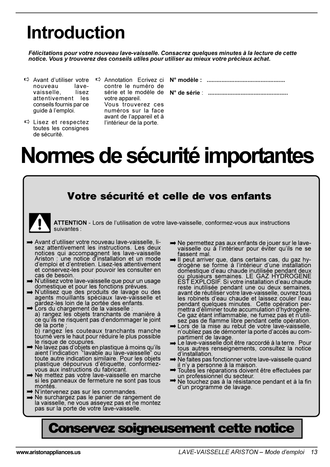 Ariston LI 640 I-B-S-W manual Normes de sécurité importantes 