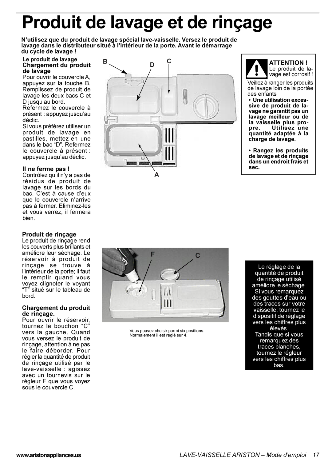 Ariston LI 670 B-S-W manual Produit de lavage et de rinçage, Il ne ferme pas, Produit de rinçage 