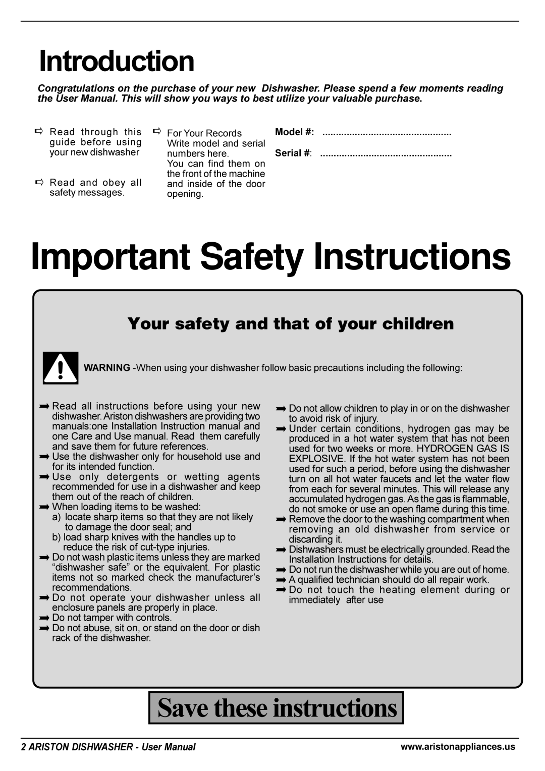 Ariston LI 670 B-S-W manual Important Safety Instructions, Introduction 