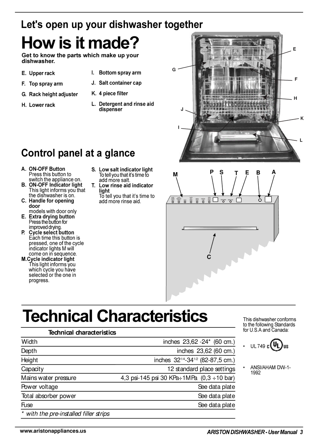 Ariston LI 670 B-S-W manual How is it made?, Technical Characteristics, Get to know the parts which make up your dishwasher 