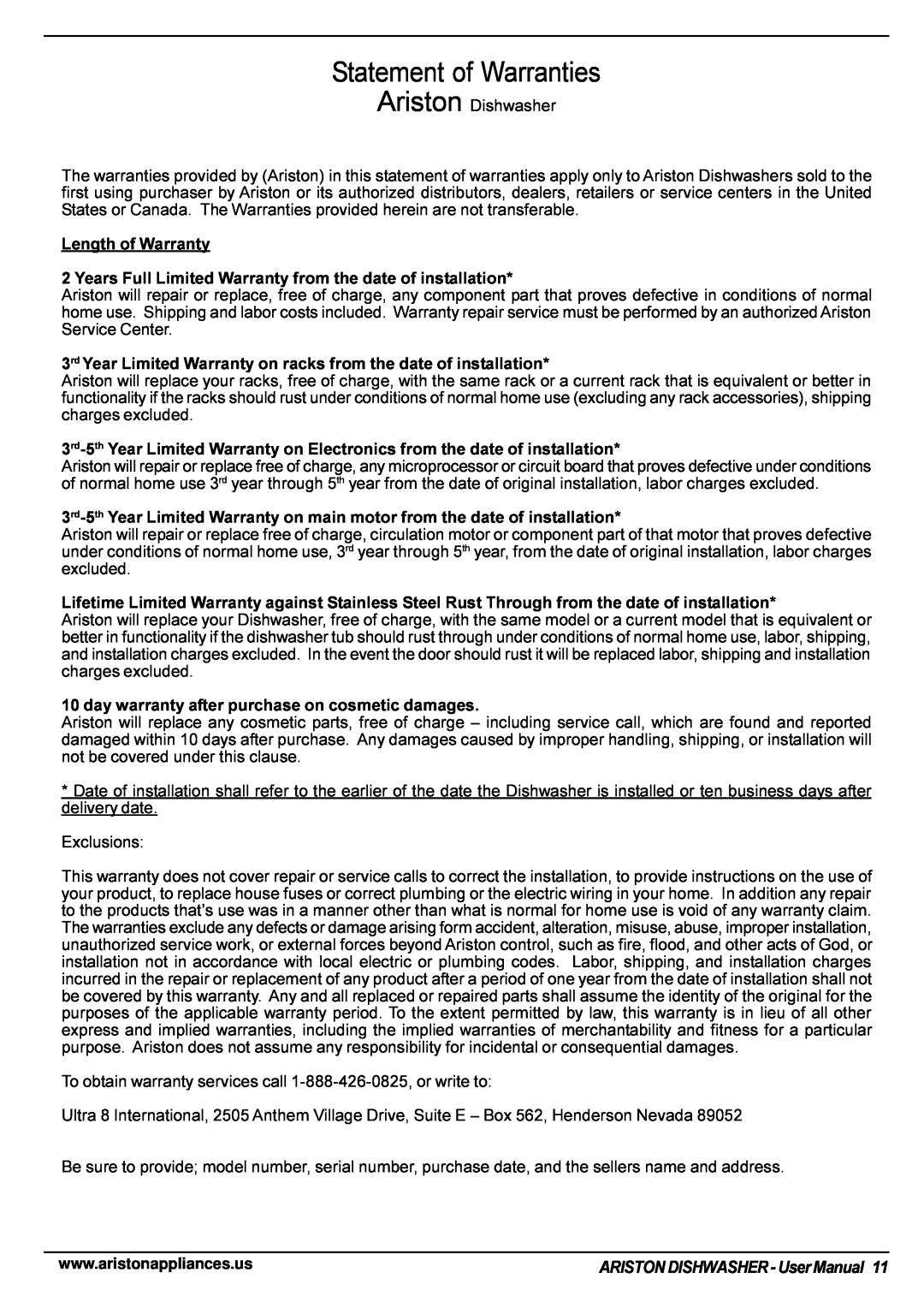 Ariston LI 670 B-S-W manual Statement of Warranties 
