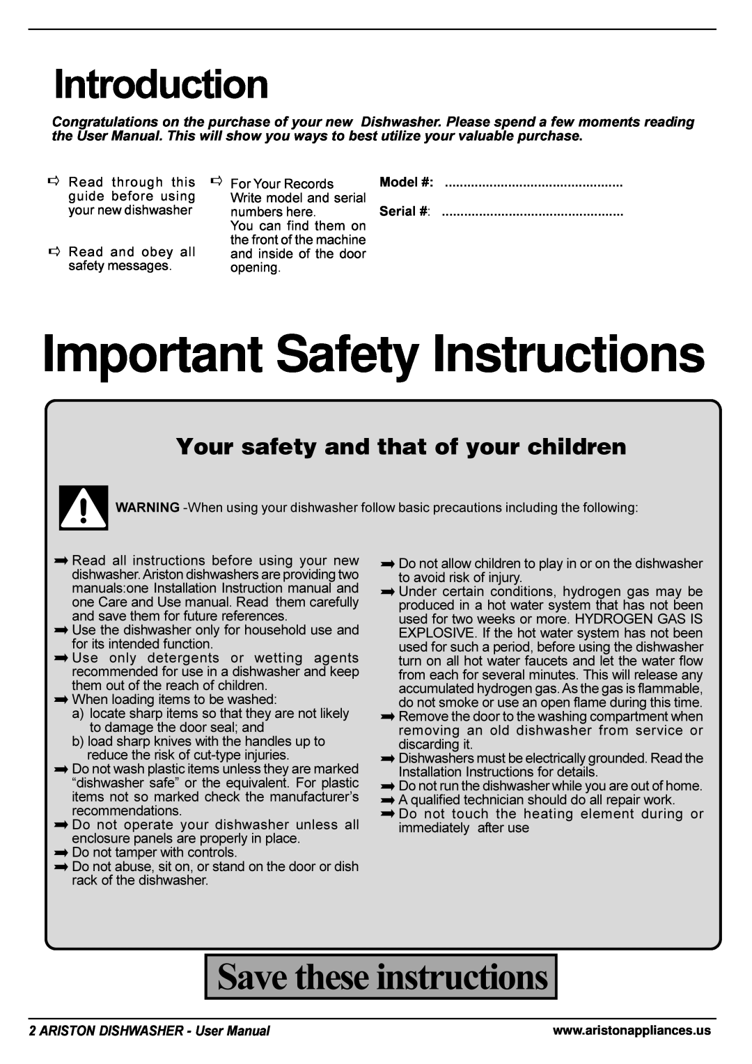Ariston LI 670 B-S-W manual Introduction, Save these instructions, Your safety and that of your children 