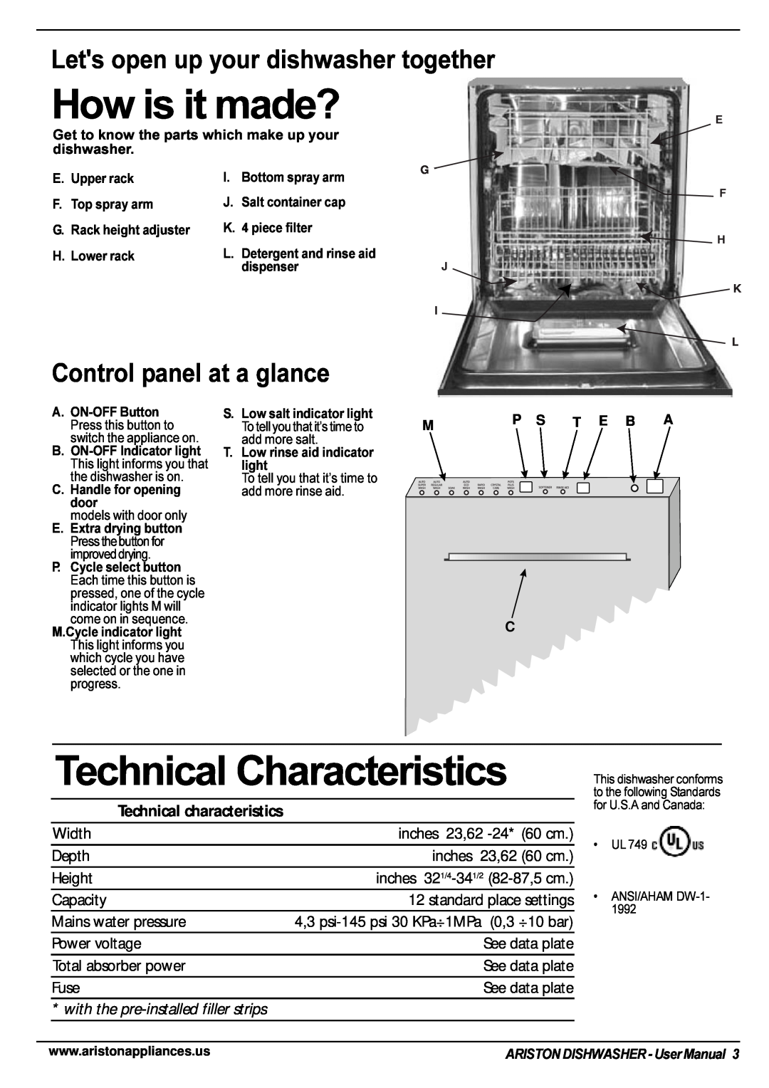 Ariston LI 670 B-S-W manual How is it made?, Technical Characteristics, Lets open up your dishwasher together 