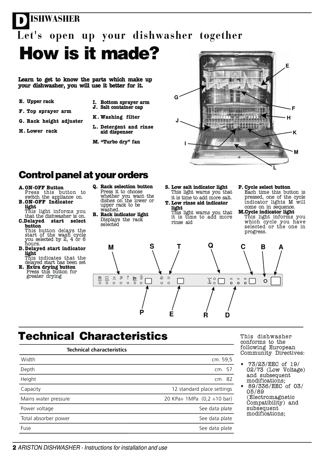 Ariston LI 68 DUO This dishwasher, Conforms to, Following European, Community Directives, 73/23/EEC, 02/73 Low Voltage 