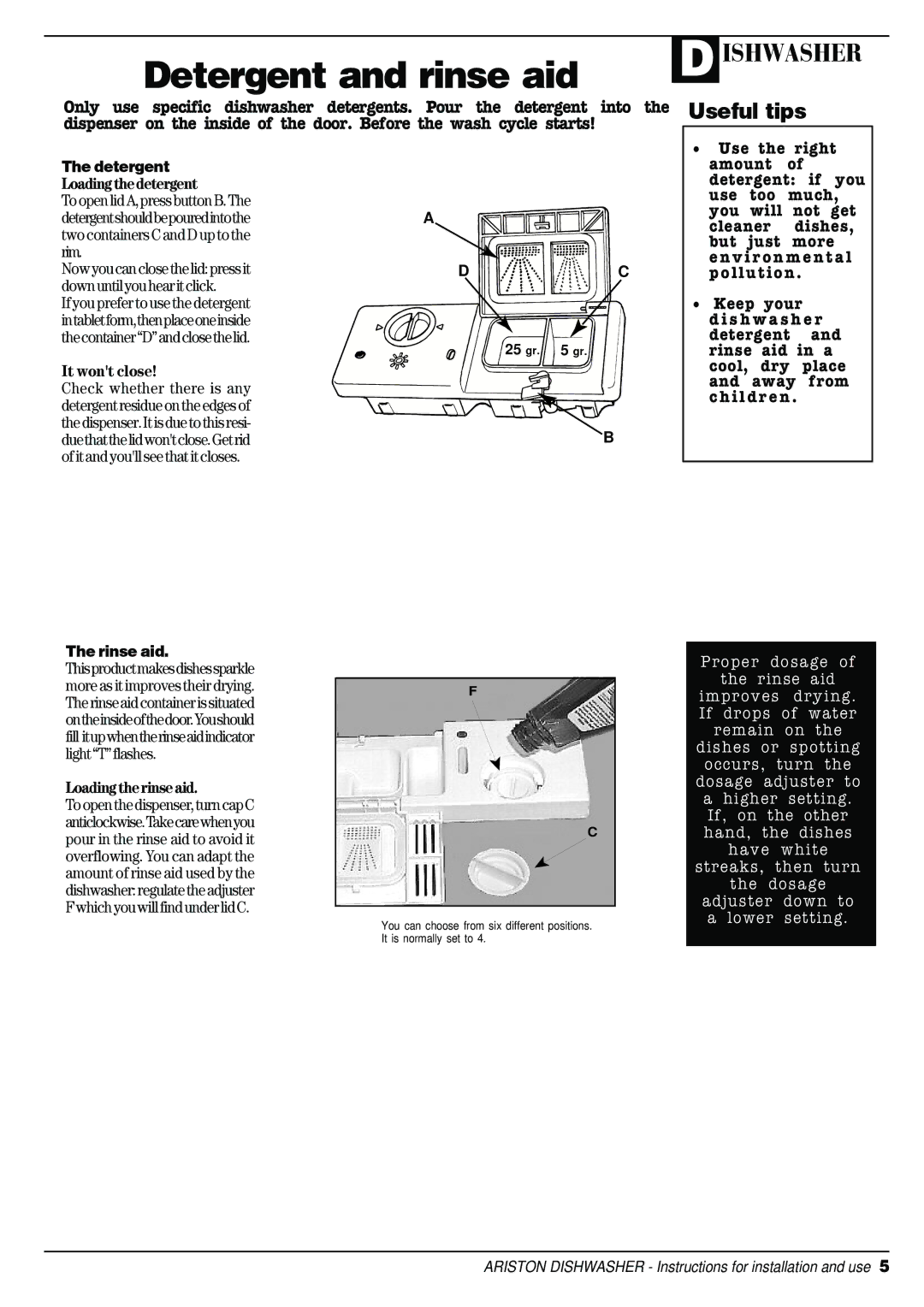 Ariston LI 68 DUO manual Loadingthedetergent, It wont close, Loadingtherinseaid, Rinse aid 