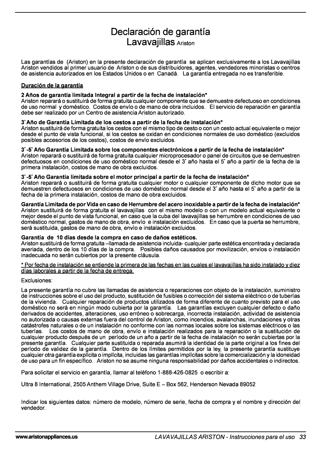 Ariston LI 700 S, LI 700 I Declaración de garantía Lavavajillas Ariston, LAVAVAJILLAS ARISTON - Instrucciones para el uso 