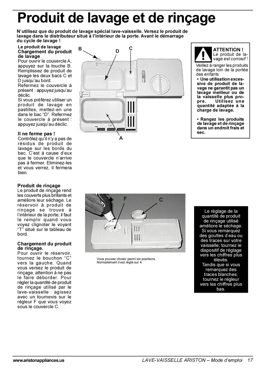 Ariston LI 700 I-S-X manual Produit de lavage et de rinçage, Il ne ferme pas, Produit de rinçage 