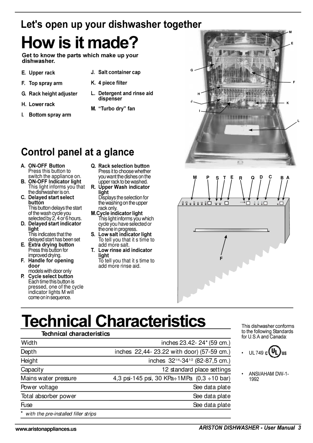 Ariston LI 700 I-S-X manual How is it made?, Technical Characteristics, Get to know the parts which make up your dishwasher 