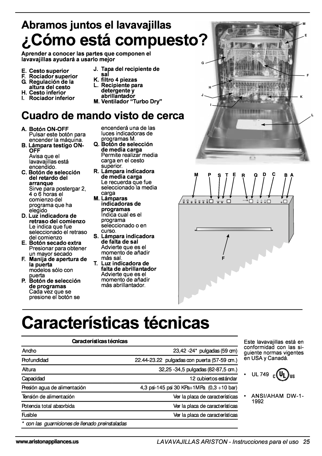 Ariston LI 700 I-S-X manual Características técnicas, ¿Cómo está compuesto?, Abramos juntos el lavavajillas 