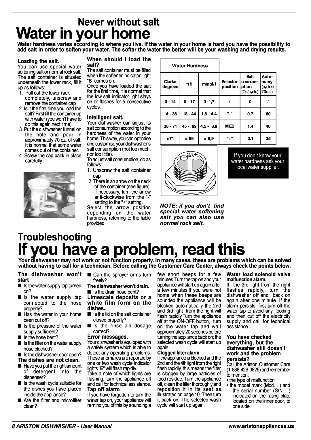Ariston LL 64 B-S-W manual If you have a problem, read this, Water in your home, Never without salt, Troubleshooting 