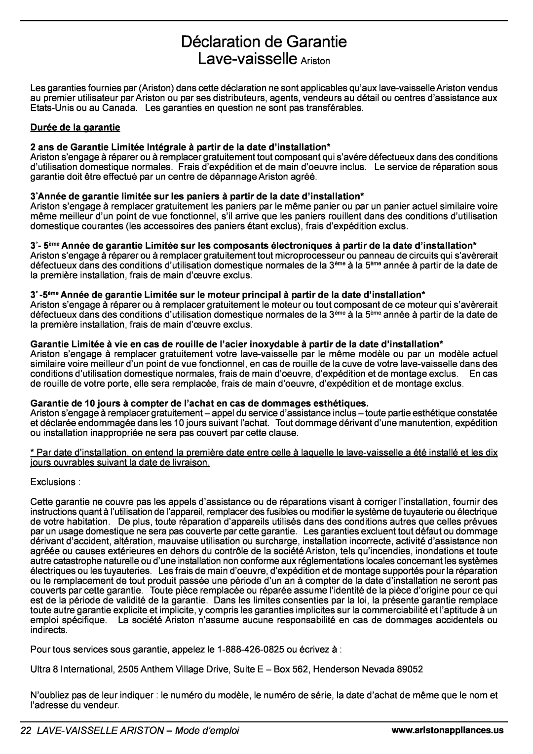 Ariston LL 64 B-S-W manual Déclaration de Garantie Lave-vaisselle Ariston, LAVE-VAISSELLEARISTON - Mode d’emploi 