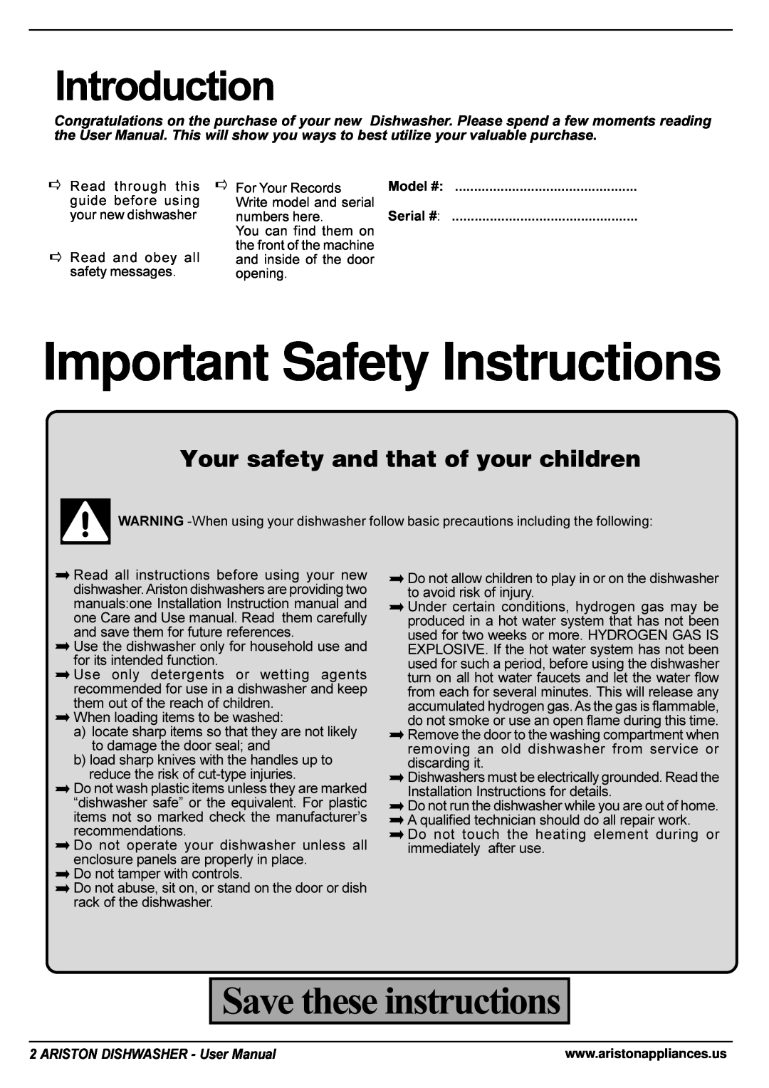 Ariston LL 64 B-S-W manual Introduction, Save these instructions, Your safety and that of your children 
