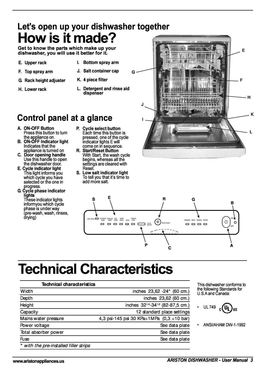 Ariston LL 64 B-S-W manual How is it made?, Technical Characteristics, Lets open up your dishwasher together 