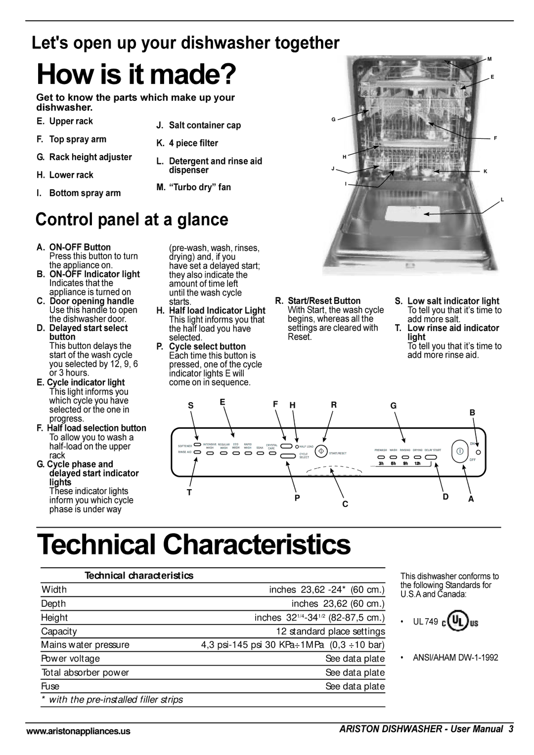 Ariston LL 65 B-S-W manual How is it made?, Technical Characteristics, Get to know the parts which make up your dishwasher 