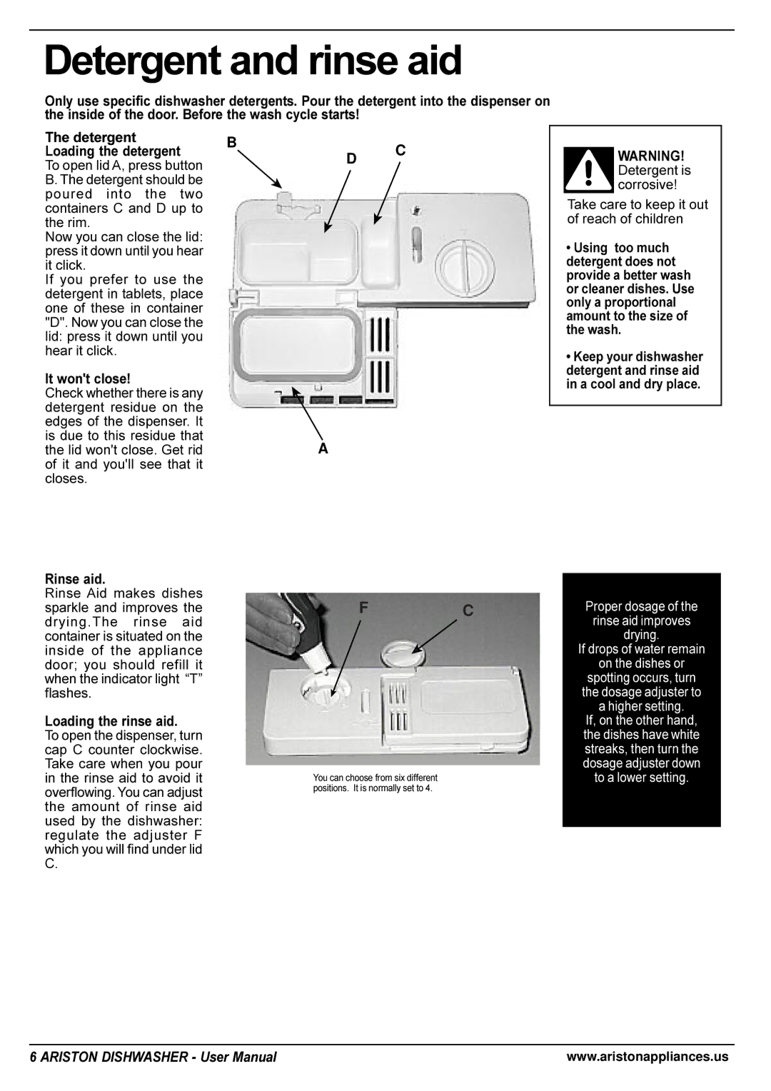 Ariston LL 65 B-S-W manual Detergent and rinse aid, It wont close, Rinse aid, Loading the rinse aid 