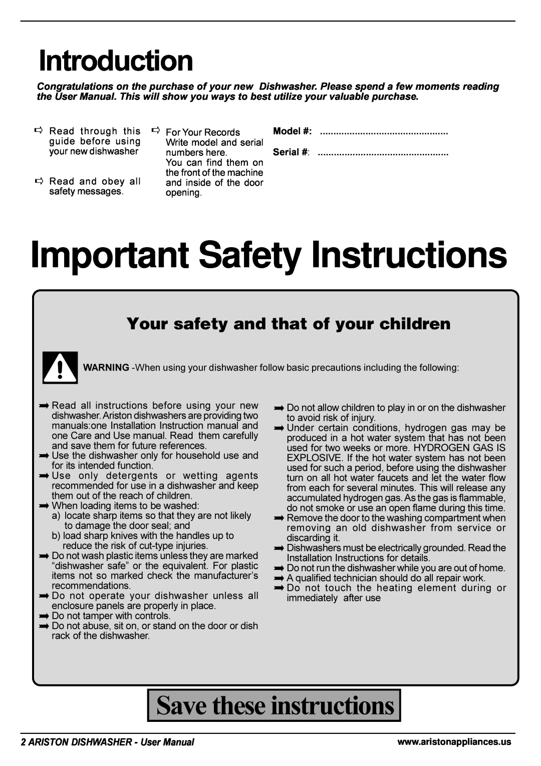 Ariston LL 65 B-S-W manual Introduction, Save these instructions, Your safety and that of your children 