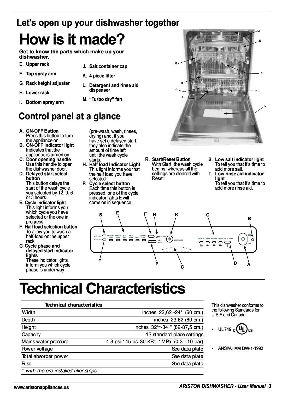 Ariston LL 65 B-S-W manual How is it made?, Technical Characteristics, Lets open up your dishwasher together 