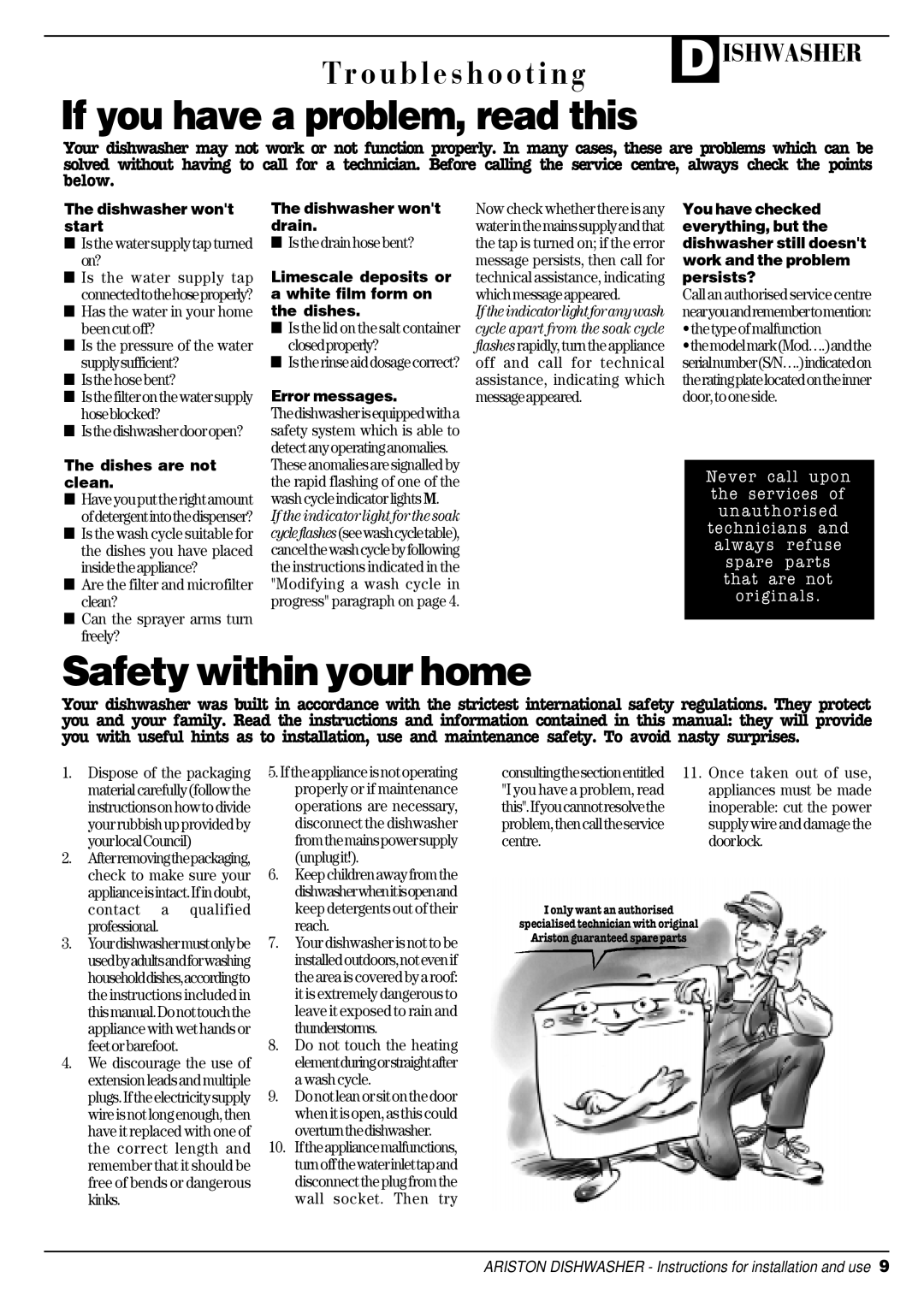 Ariston LSI 61UK manual If you have a problem, read this, Safety within your home 