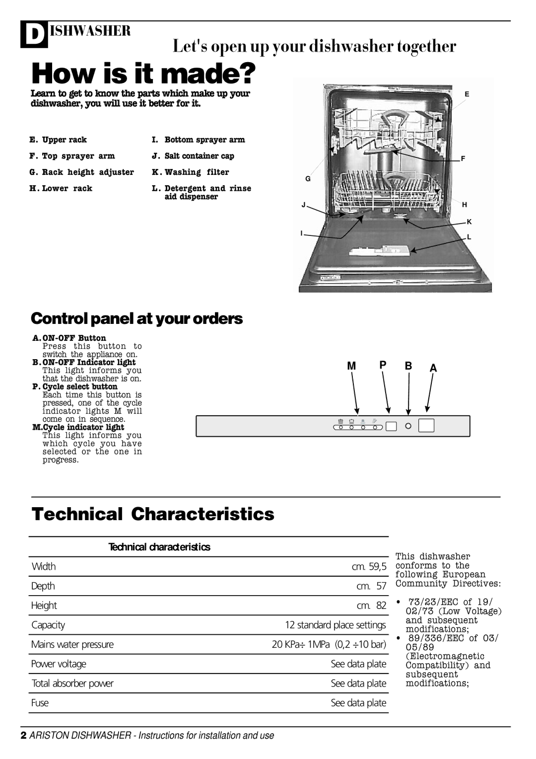 Ariston LSI 61UK This dishwasher, Conforms to, Following European, Community Directives, 73/23/EEC, 02/73 Low Voltage 