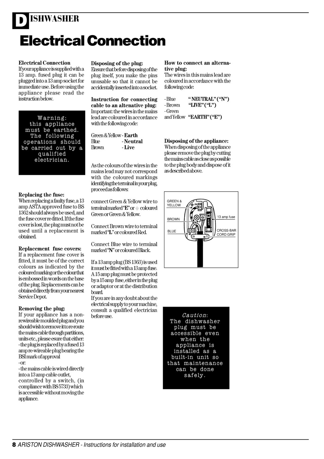 Ariston LSI 61UK manual Electrical Connection, Replacing the fuse, Removing the plug, How to connect an alterna- tive plug 