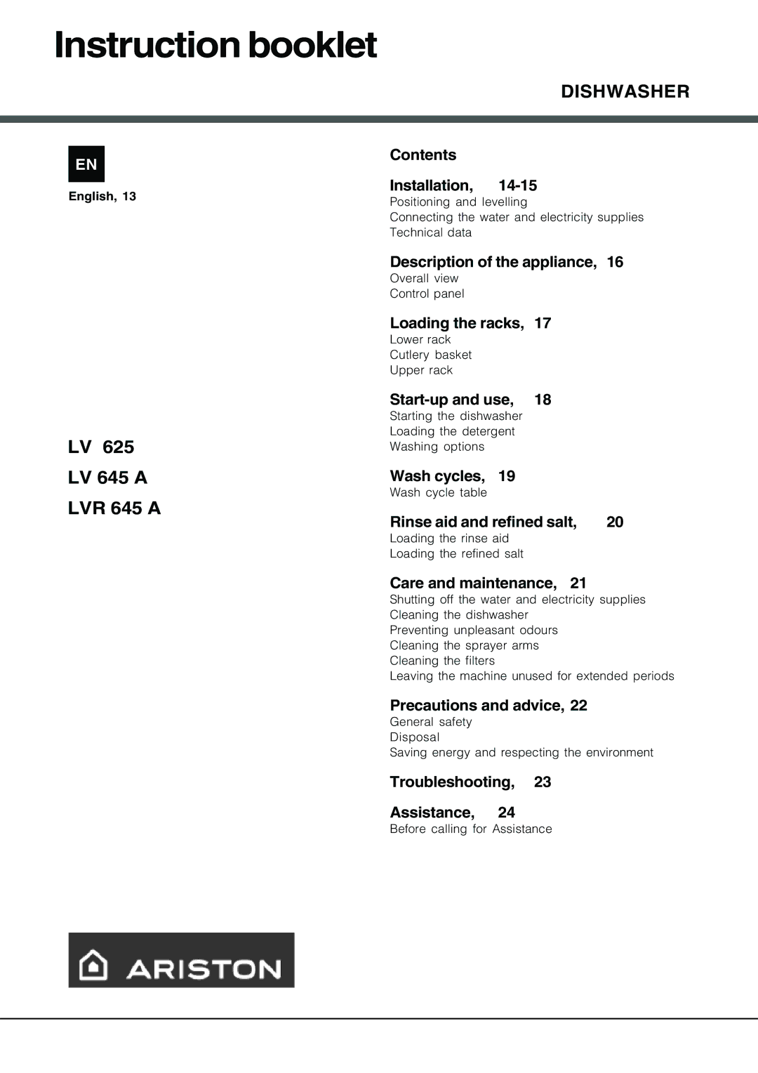 Ariston LV 625, LVR 645A, LV 645 A manual Instruction booklet 