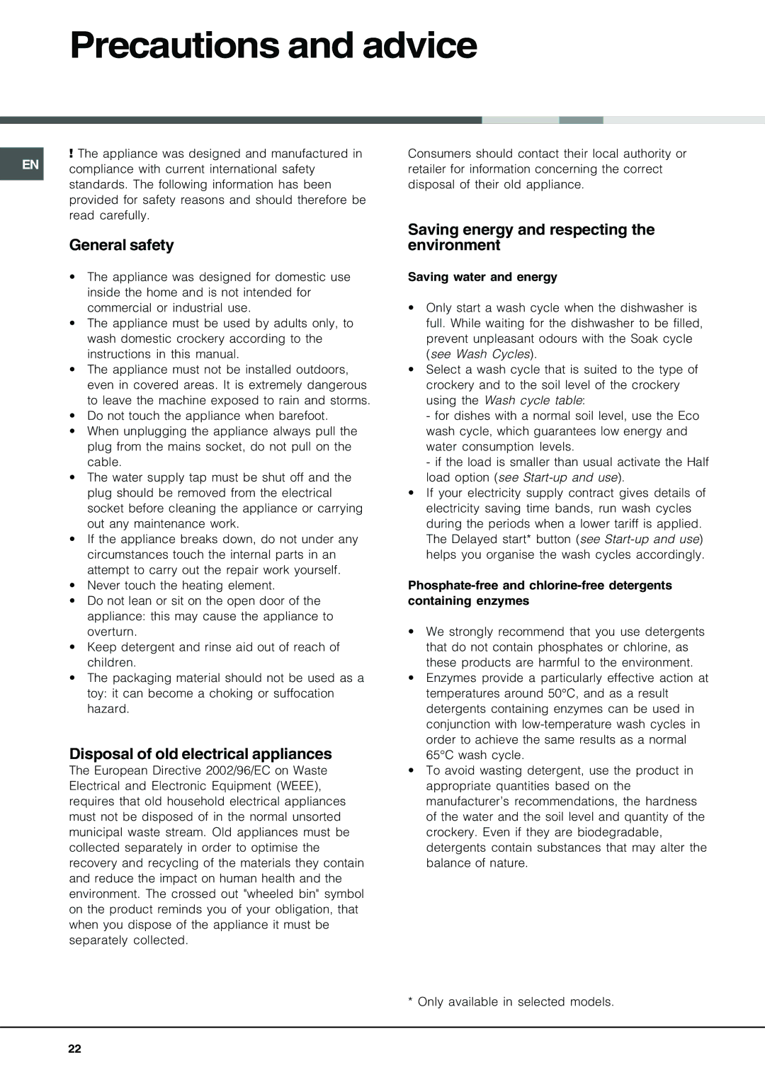 Ariston LV 625, LVR 645A, LV 645 A manual Precautions and advice, General safety, Disposal of old electrical appliances 