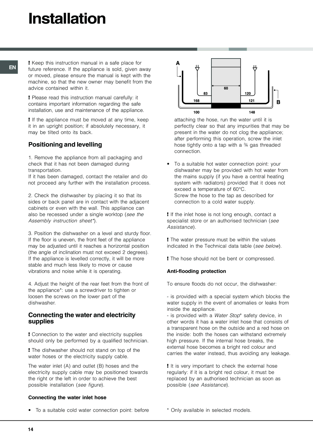 Ariston LV 645 A, LVR 645A, LV 625 Installation, Positioning and levelling, Connecting the water and electricity, Supplies 