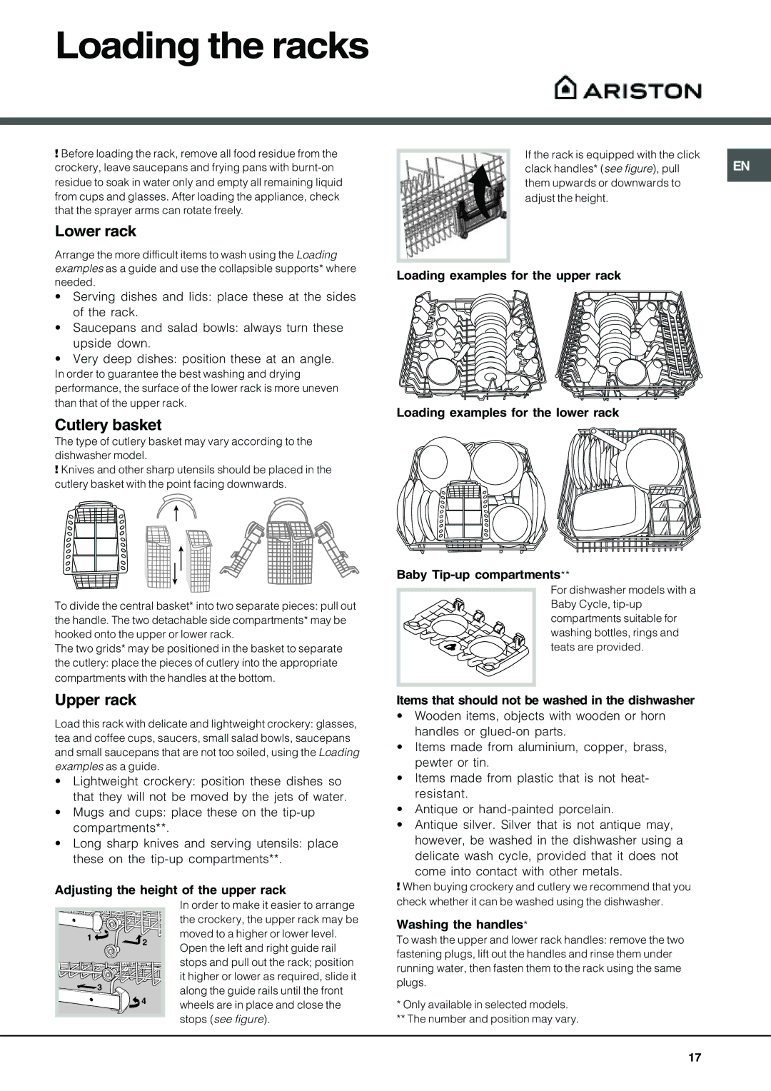 Ariston LV 645 A, LVR 645A, LV 625 manual Loading the racks, Lower rack, Cutlery basket, Upper rack 