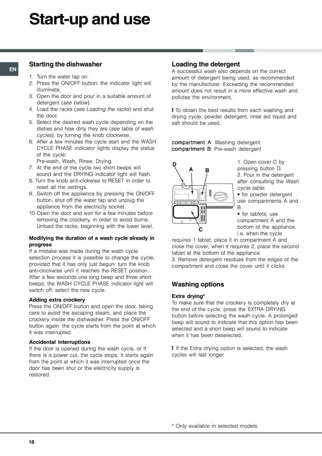 Ariston LVR 645A, LV 625, LV 645 A manual Start-up and use, Starting the dishwasher, Loading the detergent, Washing options 