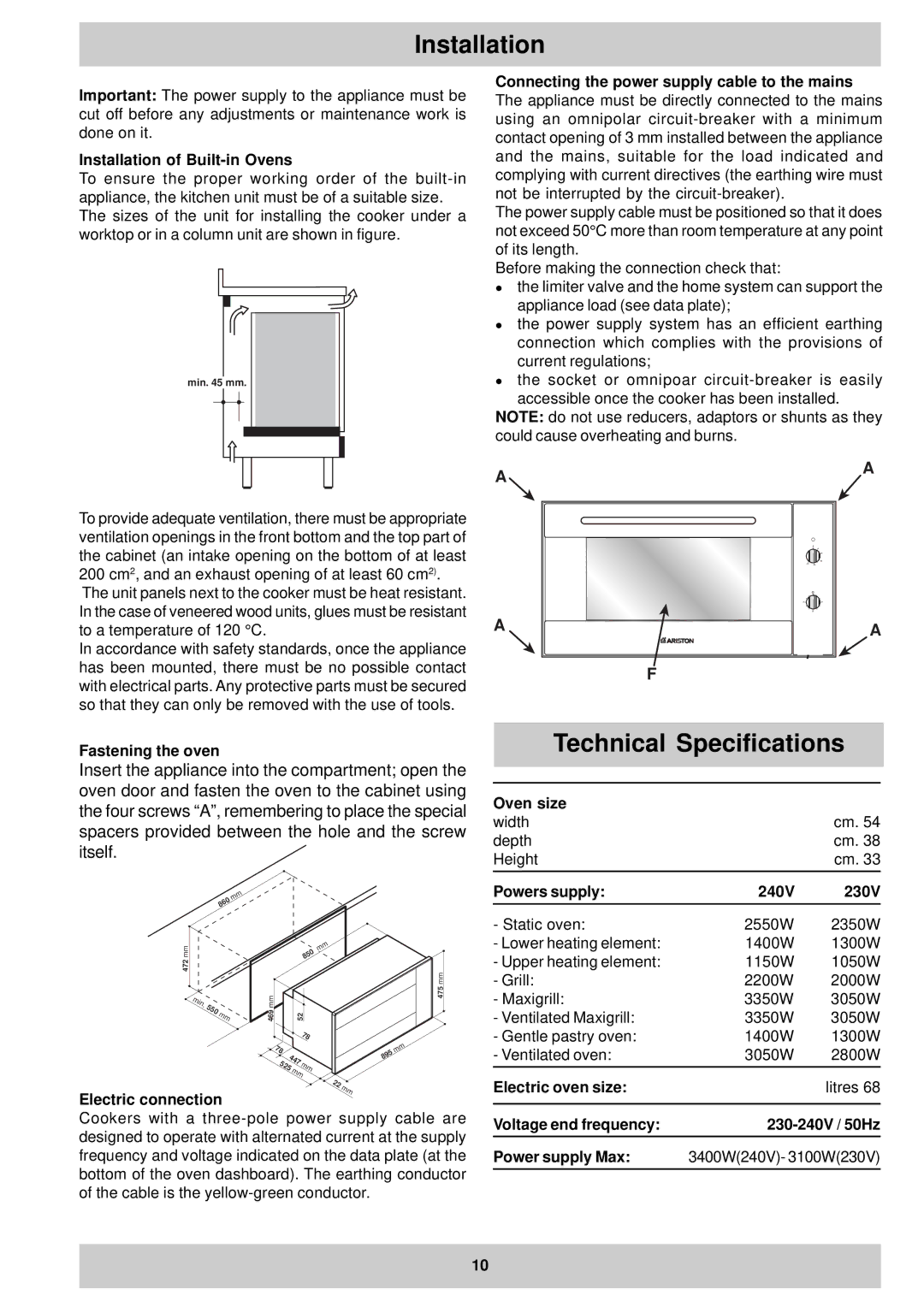 Ariston MB 91 AUS manual Installation, Technical Specifications 