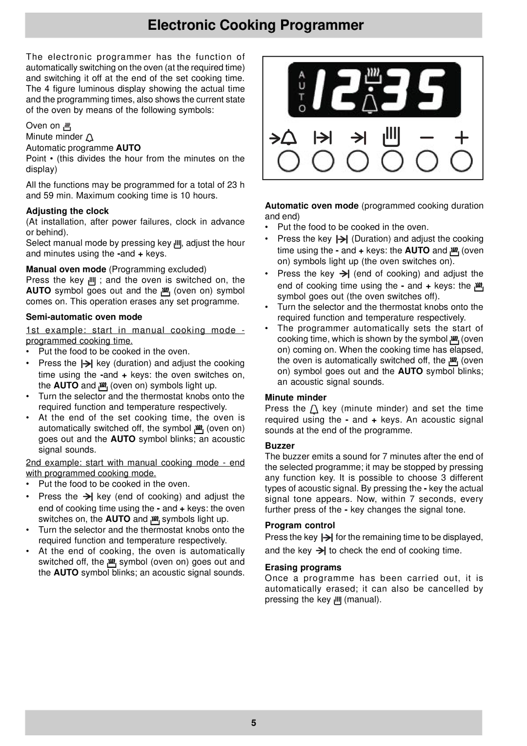 Ariston MB 91 AUS manual Electronic Cooking Programmer 