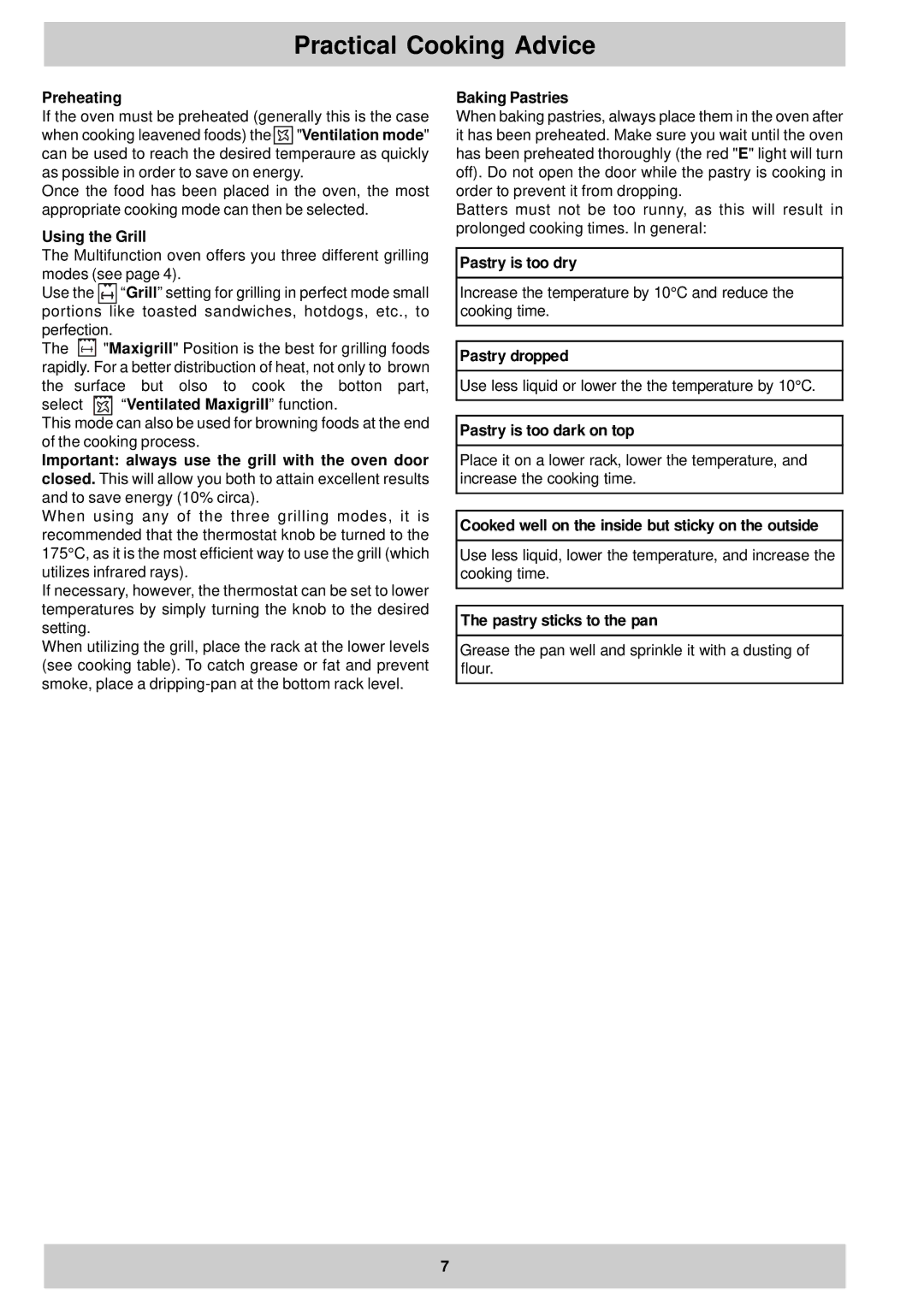 Ariston MB 91 AUS manual Practical Cooking Advice 