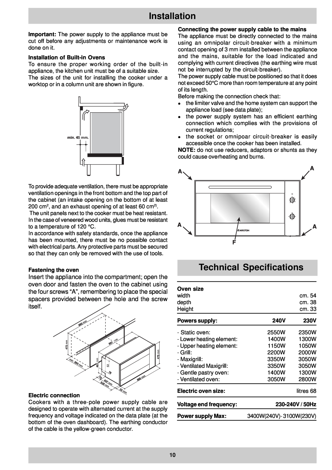 Ariston MB 91 AUS Technical Specifications, Installation of Built-in Ovens, Fastening the oven, Oven size, 240V, 230V 