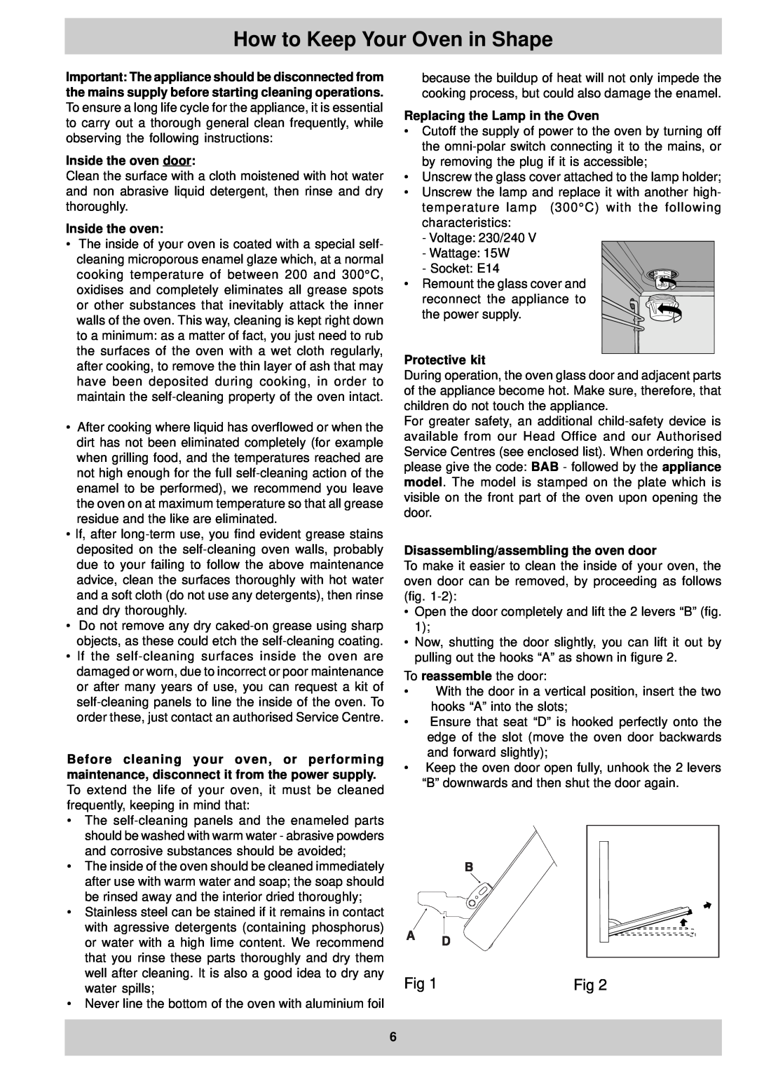 Ariston MB 91 AUS How to Keep Your Oven in Shape, Inside the oven door, Replacing the Lamp in the Oven, Protective kit 