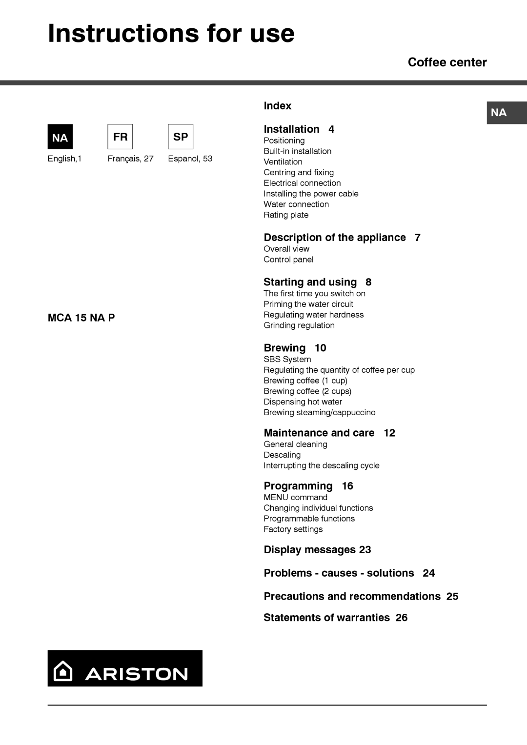 Ariston MCA15NAP manual Instructions for use 