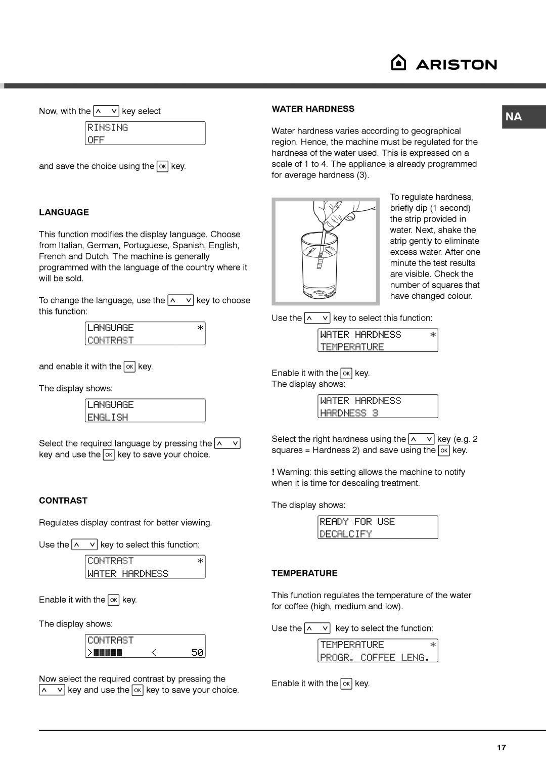 Ariston MCA15NAP Rinsing OFF, Language Contrast, Language English, Contrast Water Hardness, Water Hardness Temperature 