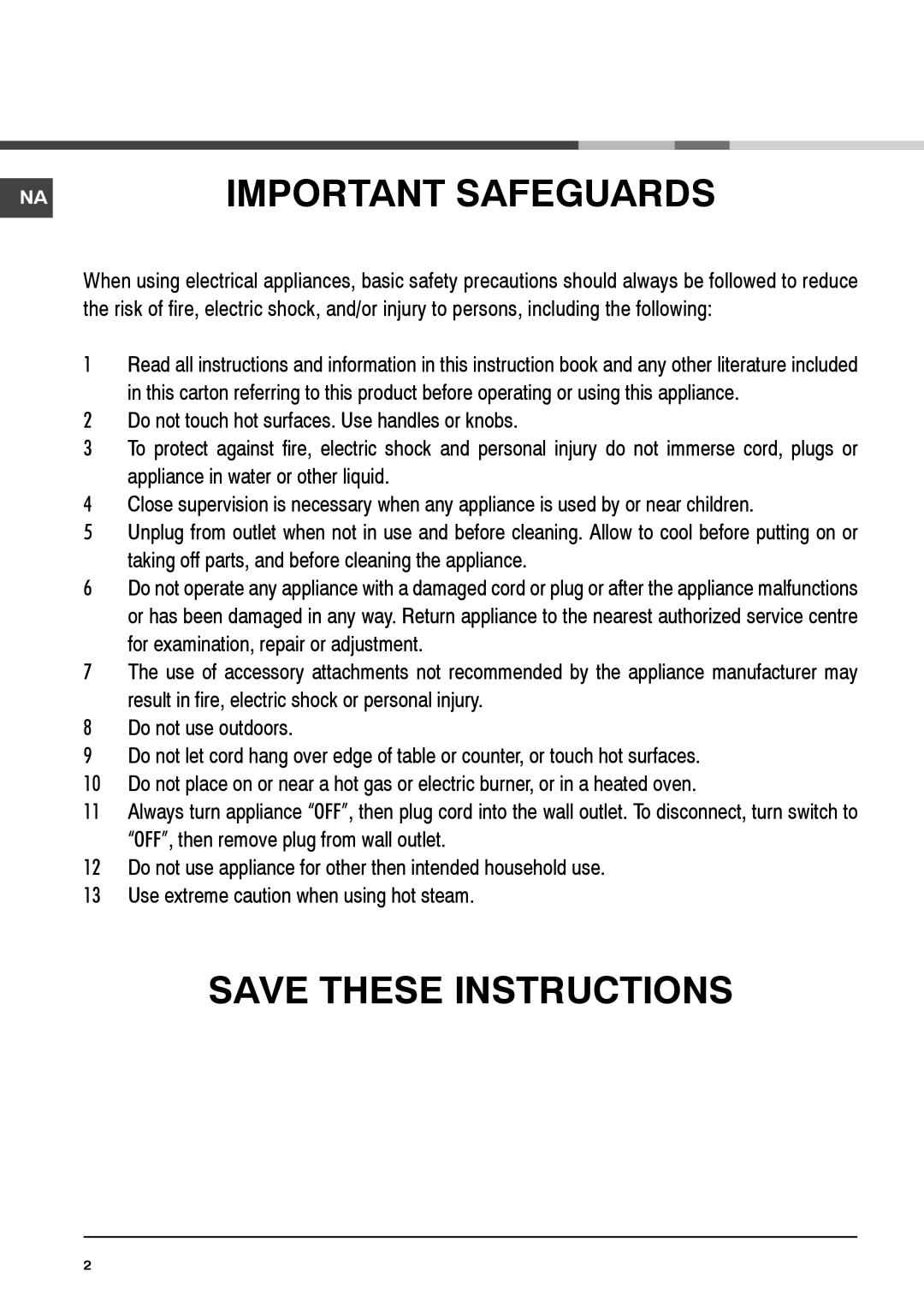 Ariston MCA15NAP manual Important Safeguards 