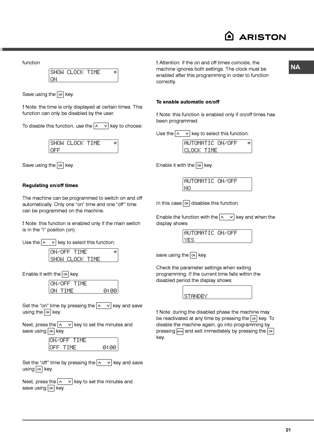 Ariston MCA15NAP Show Clock Time OFF, ON/OFF Time Show Clock Time, ON/OFF Time On Time, Automatic ON/OFF Clock Time 
