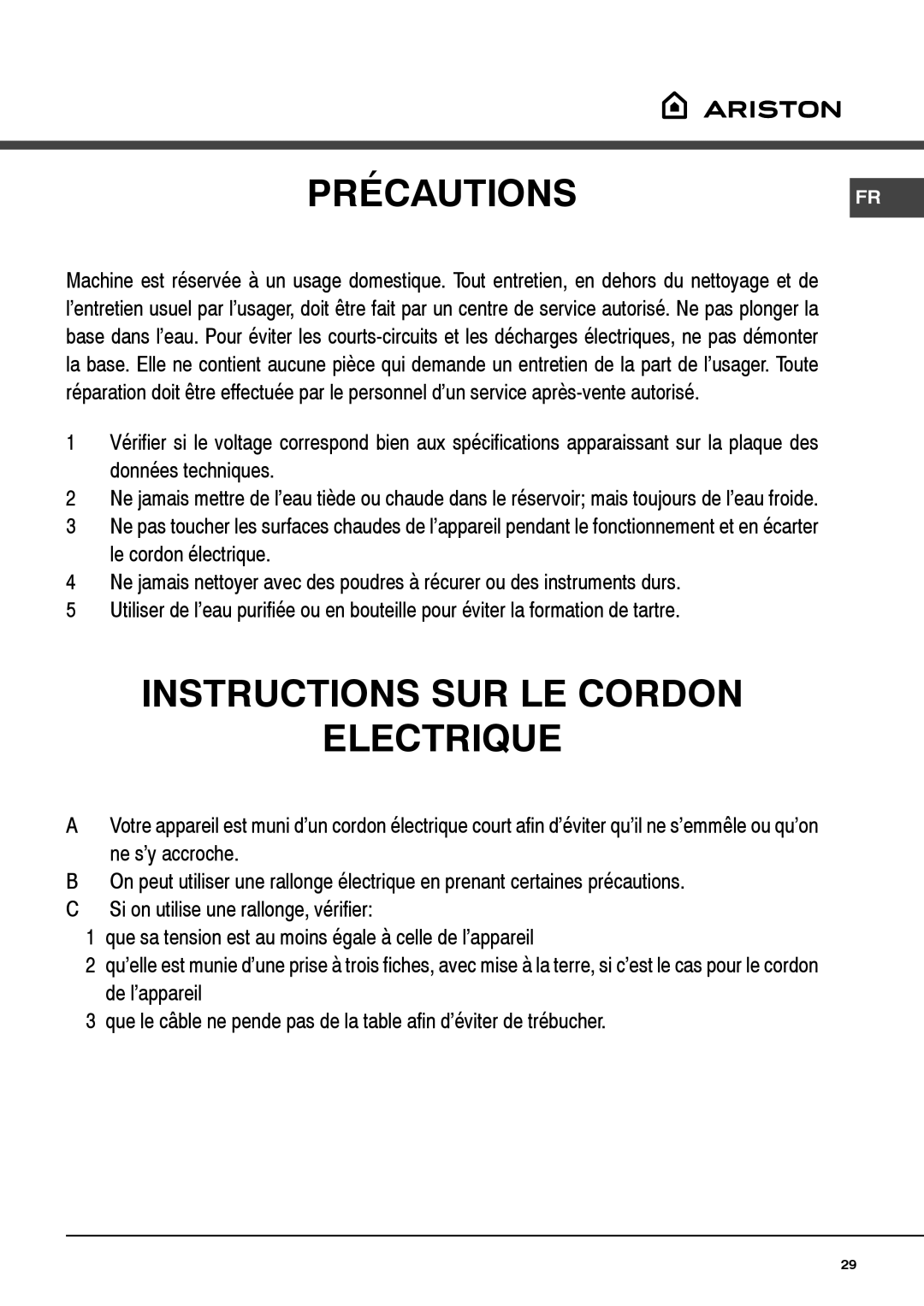 Ariston MCA15NAP manual Précautionsfr 