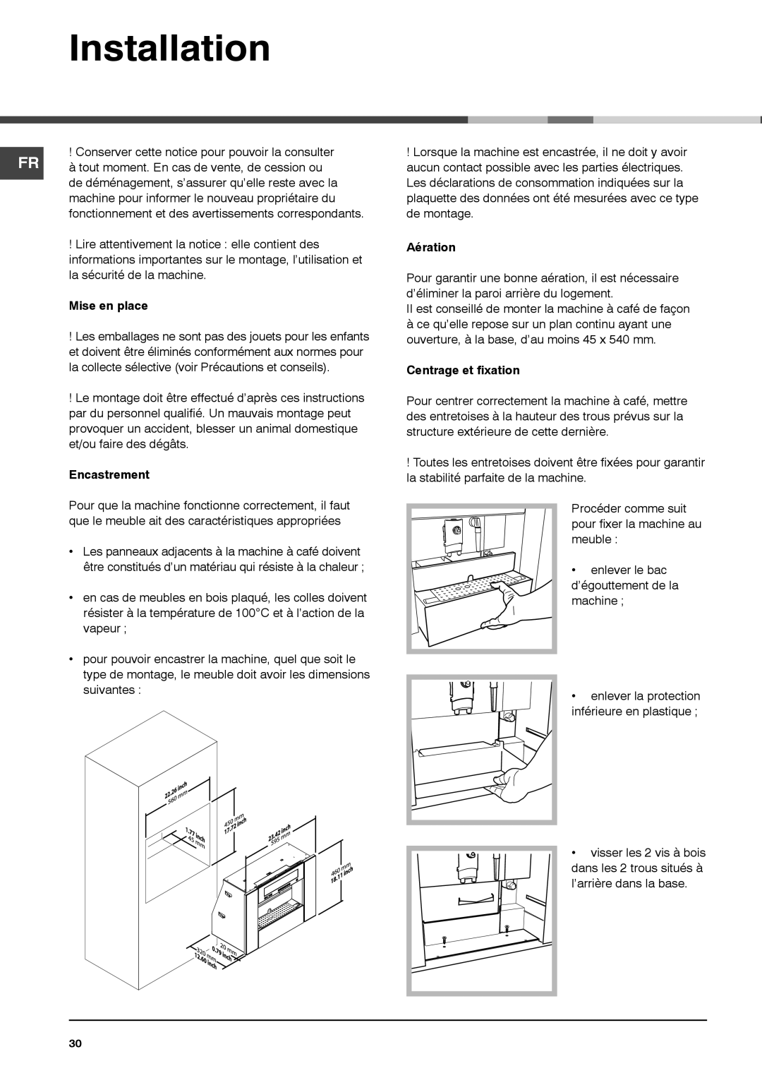 Ariston MCA15NAP manual Mise en place, Encastrement, Aération, Centrage et fixation 