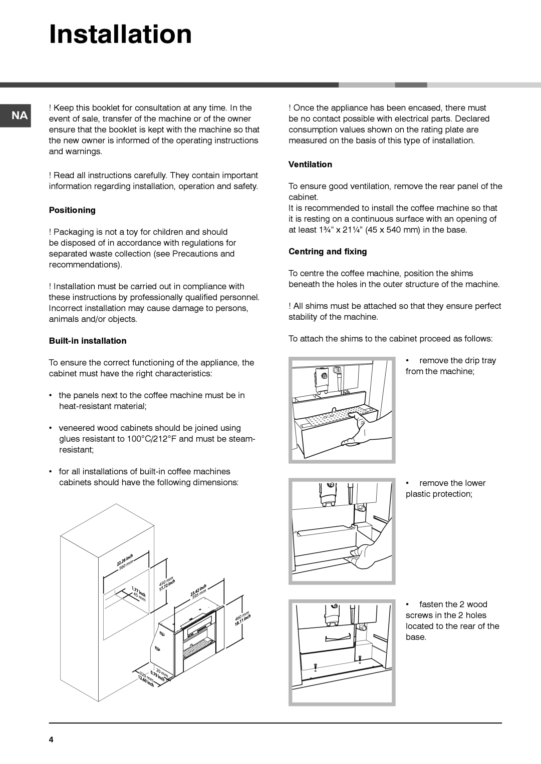 Ariston MCA15NAP manual Installation, Positioning, Built-in installation, Ventilation, Centring and fixing 