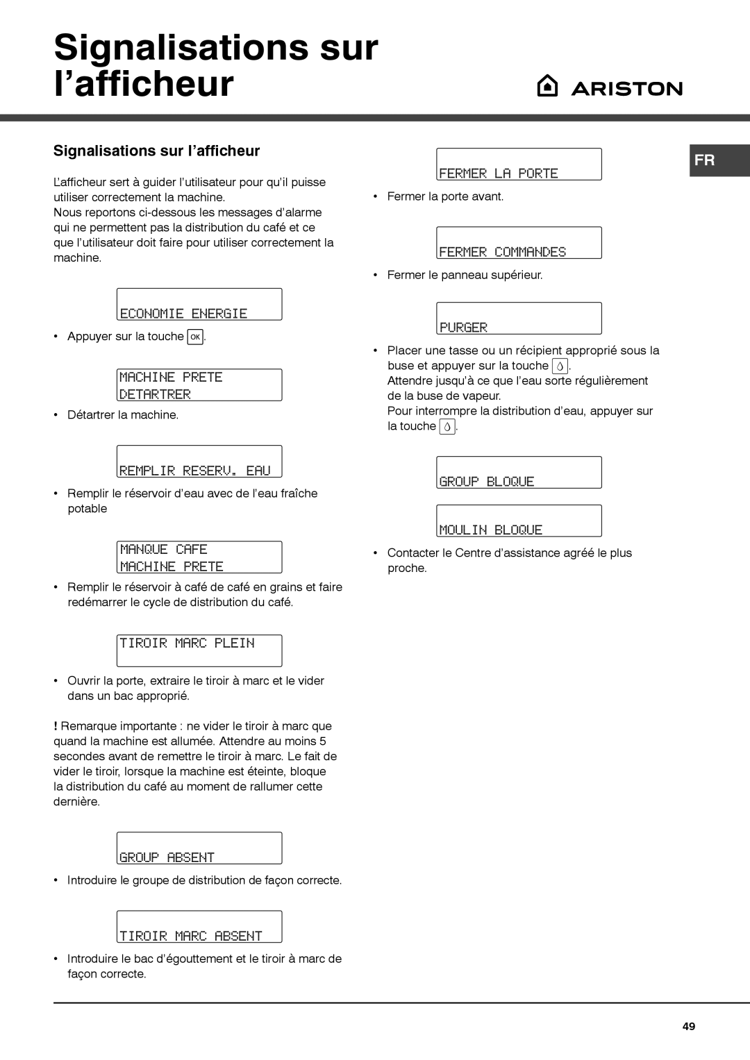 Ariston MCA15NAP manual Signalisations sur l’afficheur 