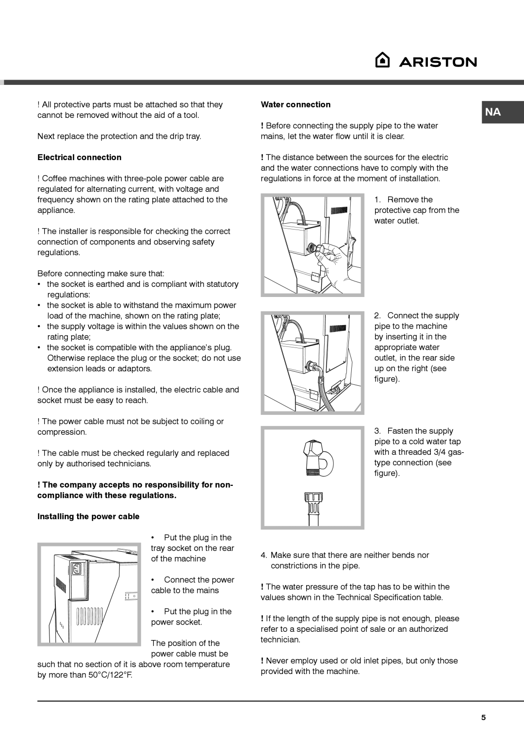 Ariston MCA15NAP manual Water connection, Electrical connection 