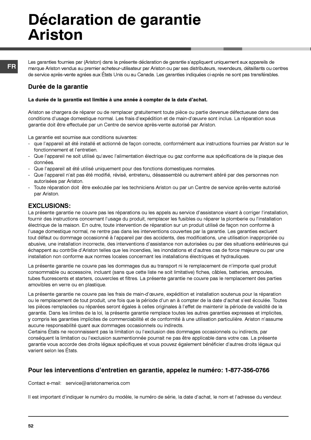 Ariston MCA15NAP manual Déclaration de garantie Ariston, Durée de la garantie 